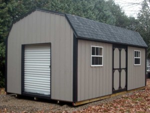 Gambrel Roof Storage Shed. Metal siding mini barn with windows